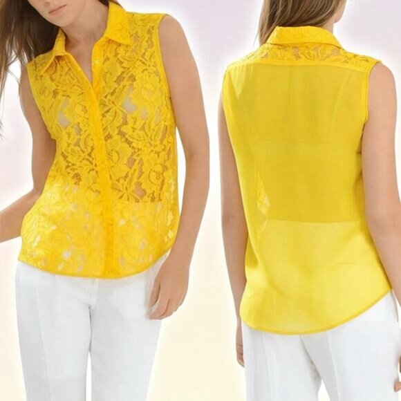 SANDRO Floral Lace Button Up Sleeveless Blouse Sz Small Yellow - Picture 1 of 8
